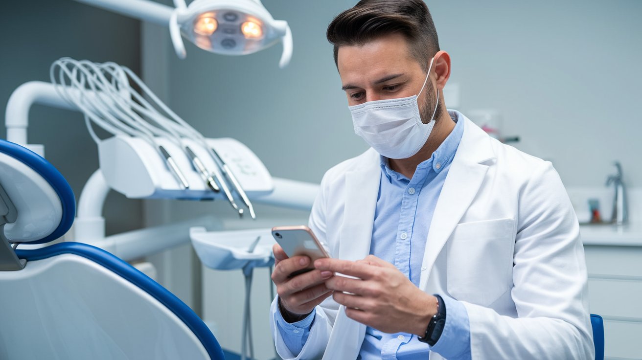 Dentist checking social media on his phone.